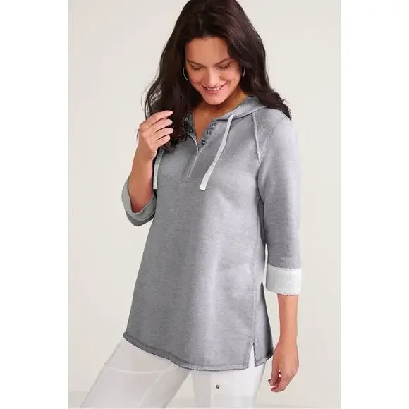 Soft Surroundings Womens Pullover Hoodie Sz XL Gray Pique Knit - Picture 2 of 16